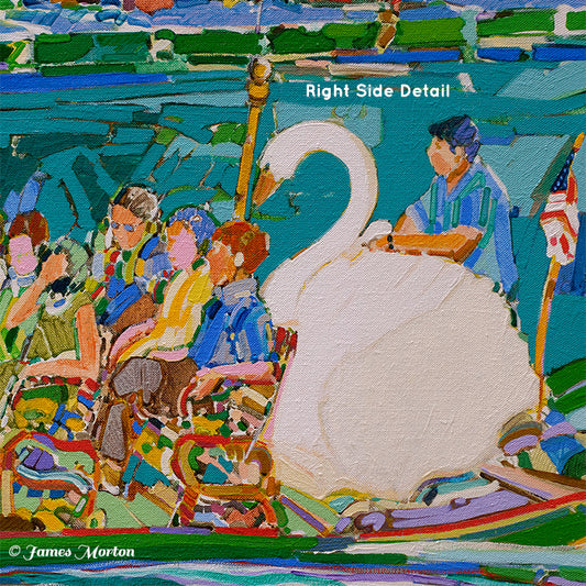 Detail of Swan Boat captain and white swan on the lagoon in Boston Public Garden painting by James Morton
