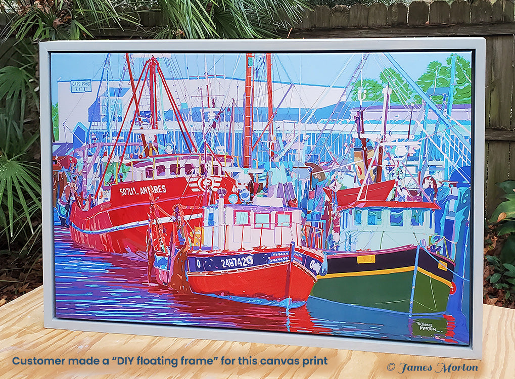 Three Fishers Gloucester Fishing Boats Canvas Print 36x24 displayed with handmade DIY floating frame.