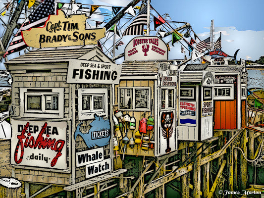 Woodcut fine art print showing ticket booths at Plymouth Town Wharf, Massachusetts USA, with whale watch and cruise signage, maritime New England coastal scene
