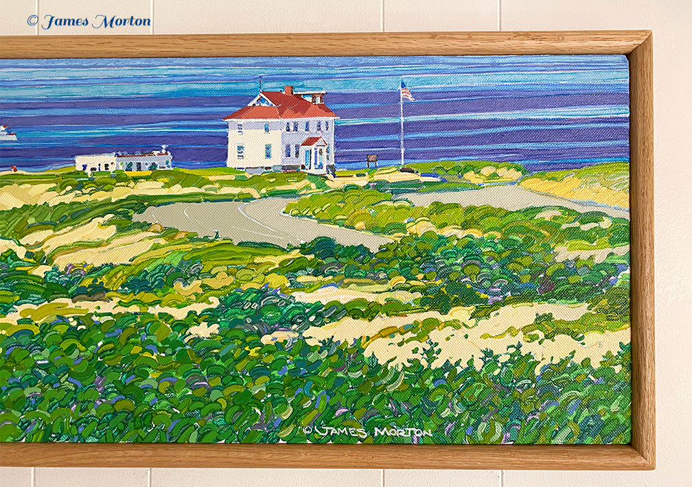 Right side detail of Truro Horizon framed Cape Cod landscape painting on linen by Artist James Morton.