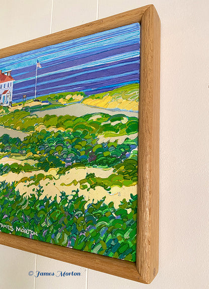 Right side edge detail of handcrafted oak wood frame on Truro Horizon original Cape Cod acrylic painting on linen. Artist James Morton.