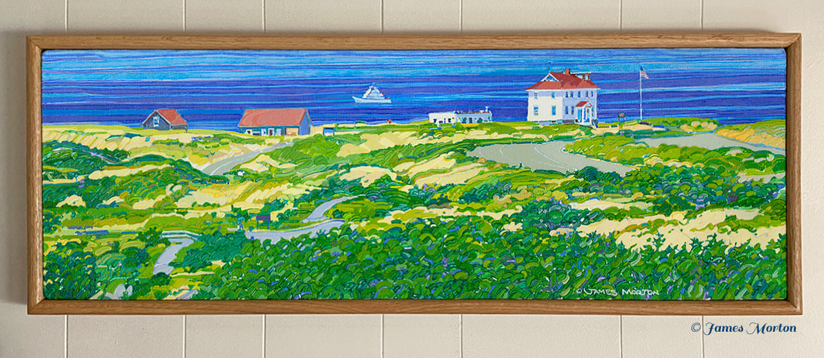 Truro Horizon original landscape painting by James Morton — panoramic view of Truro sand dunes, Ballston Beach, and Cape Cod shoreline, framed original acrylic painting on linen.