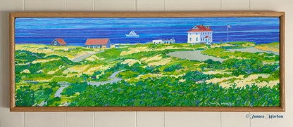 Truro Horizon original landscape painting by James Morton — panoramic view of Truro sand dunes, Ballston Beach, and Cape Cod shoreline, framed original acrylic painting on linen.