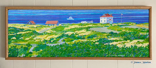 Truro Horizon original landscape painting by James Morton — panoramic view of Truro sand dunes, Ballston Beach, and Cape Cod shoreline, framed original acrylic painting on linen.