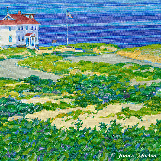 Detail of James Morton's Truro Horizon original painting showing the white seaside hostel with a red roof and American flag among the coastal dunes and beachgrass.