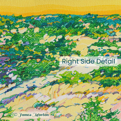 Close-up detail of Truro MA sunrise painting highlighting golden sunlit sand dunes of Cape Cod and plants with visible painting texture and brushwork.