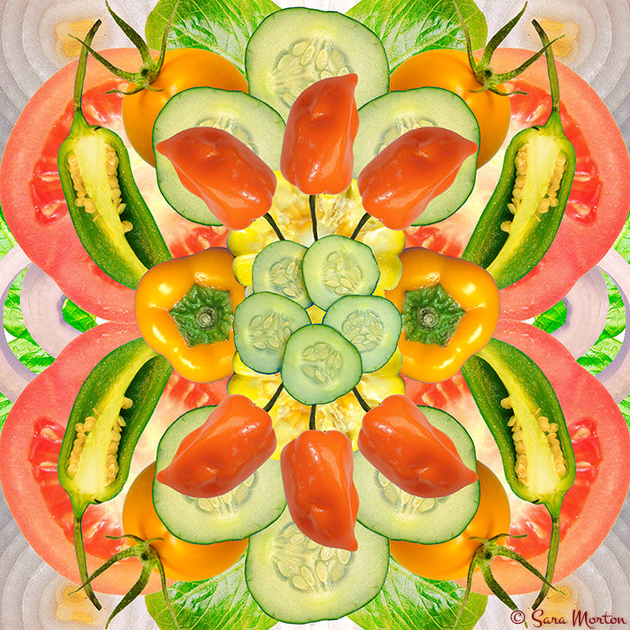 Colorful vegetable collage art print with peppers, corn, cucumbers, tomatoes, and onion rings in a kaleidoscope design. 
