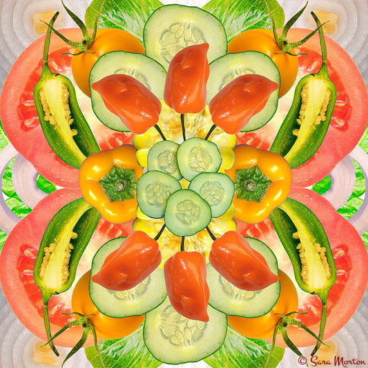Colorful vegetable collage art print with peppers, corn, cucumbers, tomatoes, and onion rings in a kaleidoscope design. 

