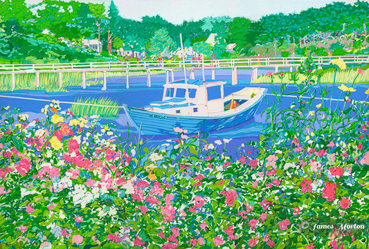 Coastal painting of Wellfleet Harbor Cape Cod showing tidal marsh and and Uncle Tim's Bridge with boat & wildflowers