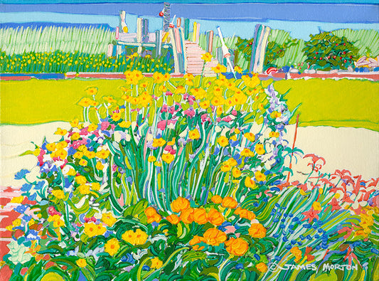 Coastal flower garden painting of Wellfleet Harbor Cape Cod showing tidal marsh, boardwalk and colorful flowers