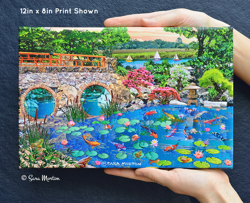 Koi Fish Pond Art Print of Water Lilies Lily Pads - 12in x 8in Stretched Canvas - Japanese Water Garden with Stone Bridge, Bonsai Plants, Frogs
