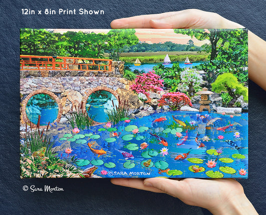 Koi Fish Pond Art Print of Water Lilies Lily Pads - 12in x 8in Stretched Canvas - Japanese Water Garden with Stone Bridge, Bonsai Plants, Frogs