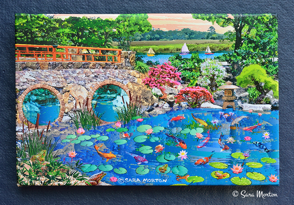 Koi Fish Pond Art Print of Water Lilies Lily Pads - 12in x 8in Stretched Canvas - Japanese Water Garden with Stone Bridge, Bonsai Plants, Frogs