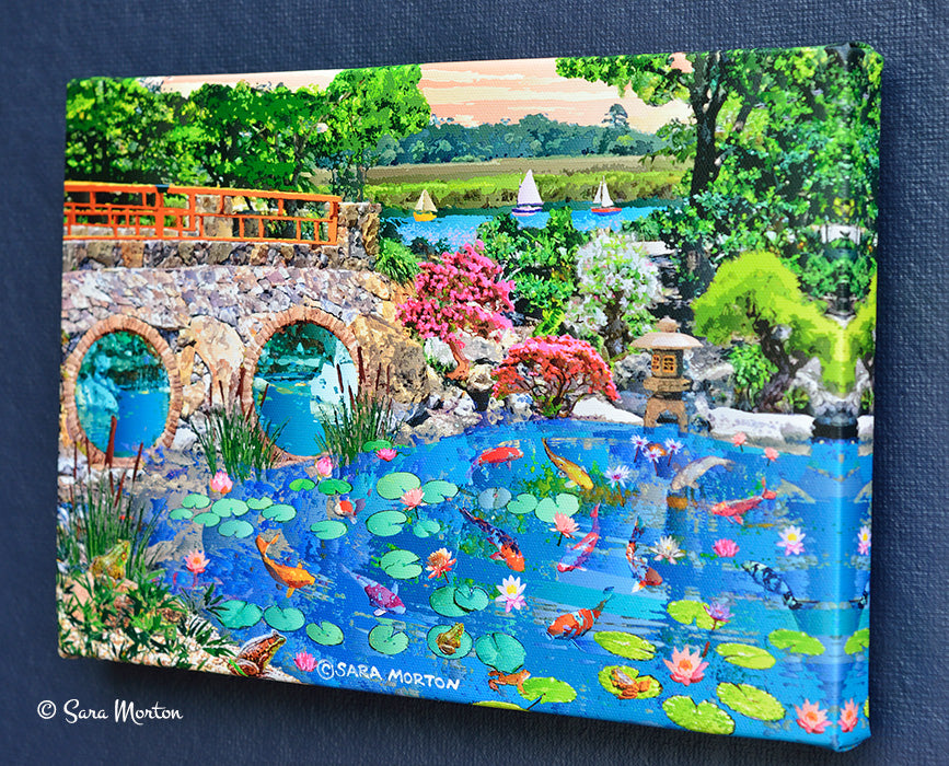 Koi Fish Pond Art Print of Water Lilies Lily Pads - 12in x 8in Stretched Canvas - Japanese Water Garden with Stone Bridge, Bonsai Plants, Frogs