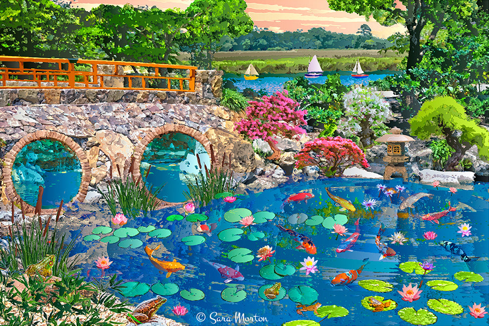 Wishing Fish Pond original Digigraph painting by Sara Morton – koi pond with double-arched stone bridge, water lilies, lily pads, and Japanese garden in bloom.