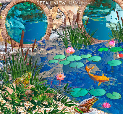 Close-up detail of Wishing Fish Pond highlighting koi fish, playful frogs, water lilies, and the double-arched stone bridge
