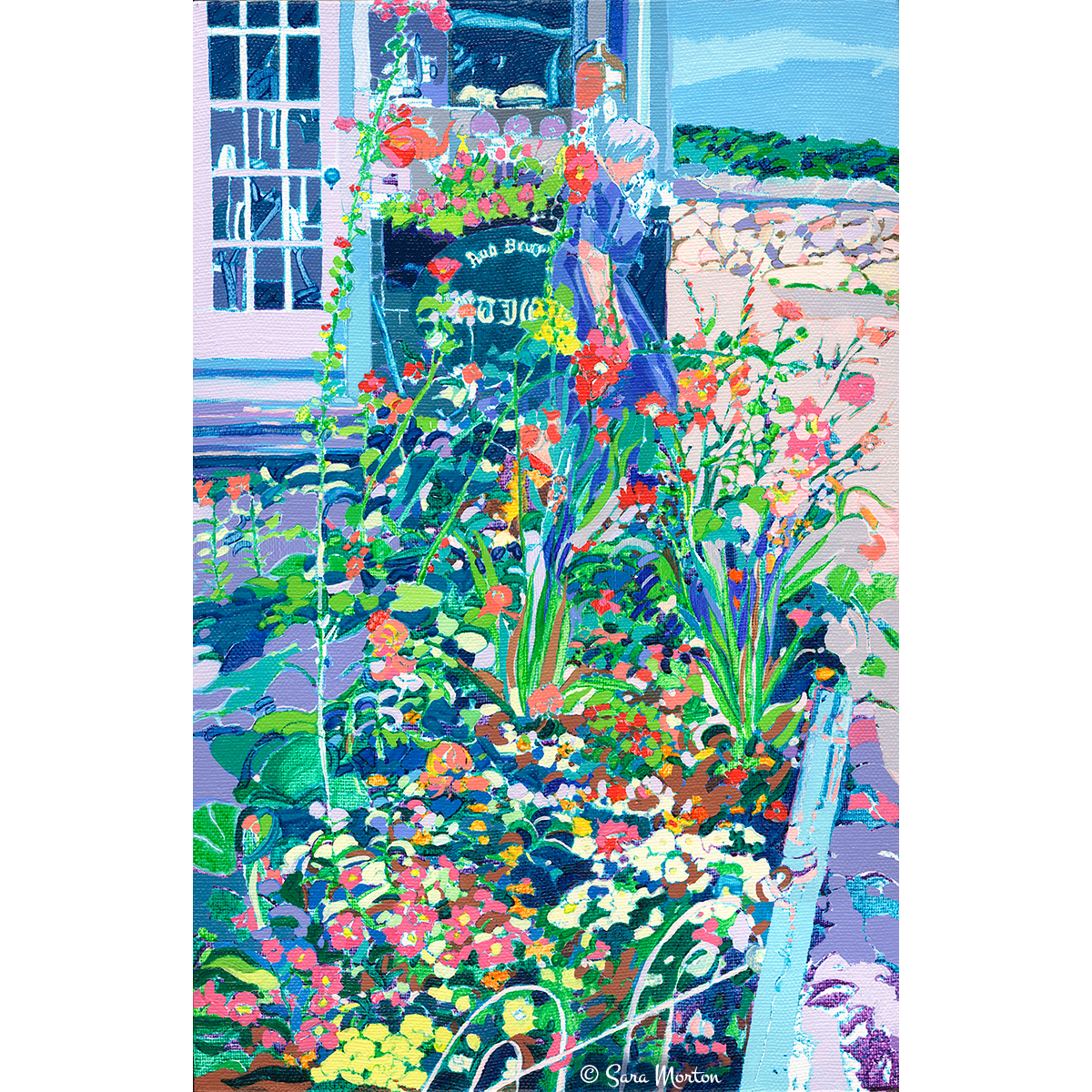 Painting of Flower Garden in Rockport MA, Old Antique Shop in Bearskin Neck from early Y2K 2000. 