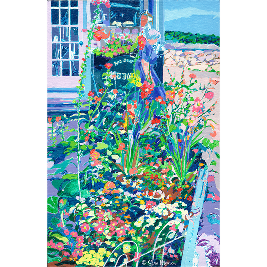 Painting of Flower Garden in Rockport MA, Old Antique Shop in Bearskin Neck from early Y2K 2000. 
