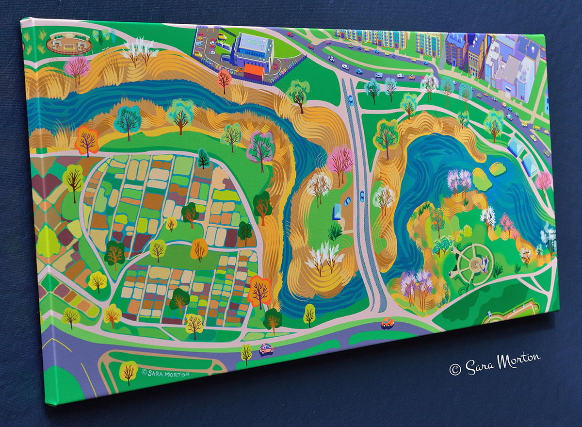 Boston's Back Bay Fens Park with bold emerald greens. Scenic Art Print featuring winding lagoon and colorful Fenway Victory Gardens.