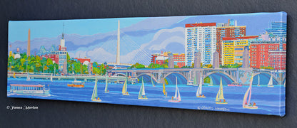 Boston Skyline Painting of Zakim and Longfellow Bridges on Canvas and Watercolor Paper