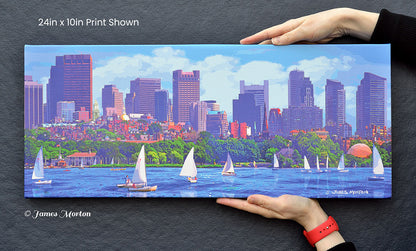 Panoramic Boston Skyline of Back Bay with Sailboats - City Sails Stretched Canvas Print by James Morton.