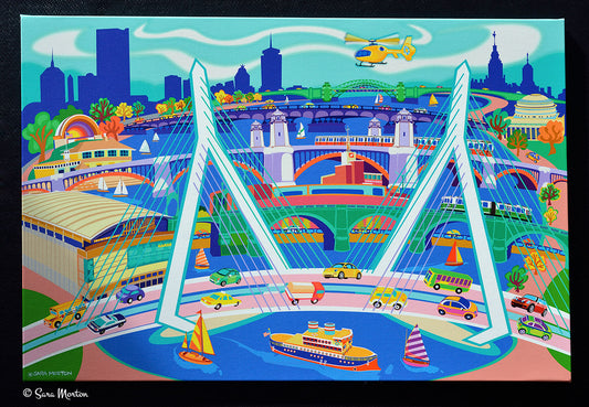 Zakim Bridge Boston Skyline Art Print of the TD Garden, Science Museum, MBTA and Longfellow Bridge