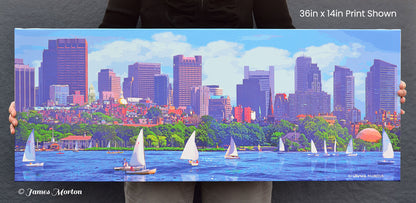 Sailboats on the Charles River with Boston Skyline - City Sails Stretched Canvas Print